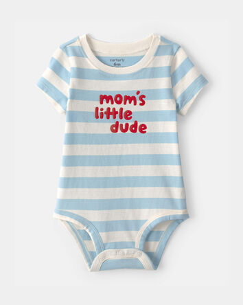 Baby Boy 'Mom's Little Dude' Striped Graphic Bodysuit - Blue/Ivory, 