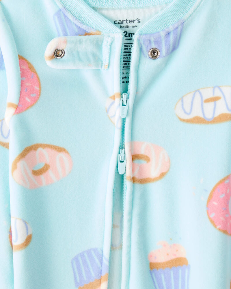 Toddler Girl Donuts Print Velour Long-Sleeve Loose Fit 1-Piece Pajamas - Blue, image 2 of 4 slides