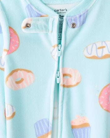 Toddler Girl Donuts Print Velour Long-Sleeve Loose Fit 1-Piece Pajamas - Blue, 