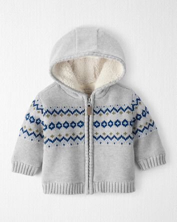 Baby Boy Organic Cotton Fair Isle Sherpa Sweater Knit Jacket , 
