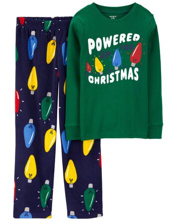 Kid 2-Piece Christmas Lights Cotton & Velboa Pajamas, 