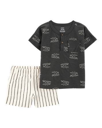 Toddler 2-Piece Alligator Henley Tee & Striped Pull-On Shorts, 