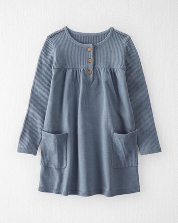 Toddler Organic Cotton Ribbed Sweater Knit Dress in Blue
, 
