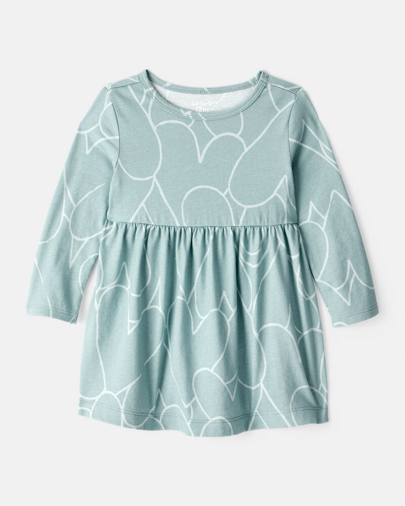 Baby Girl Heart Print Long Sleeve Cotton Dress - Green, image 1 of 4 slides
