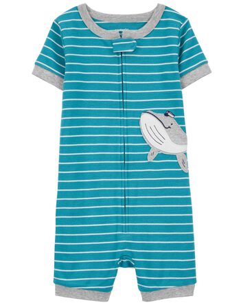 Toddler 1-Piece Striped Whale 100% Snug Fit Cotton Romper Pajamas, 