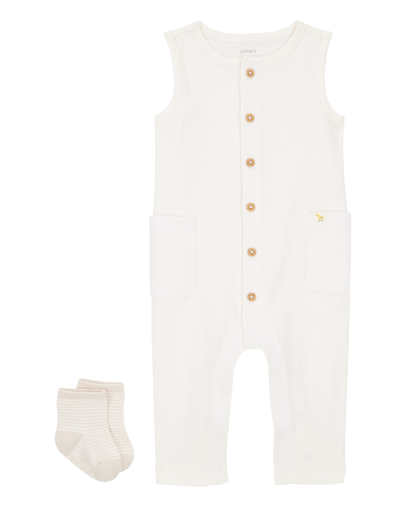 Baby 2-Piece Jumpsuit & Sock Set - Ivory, image 1 of 5 slides