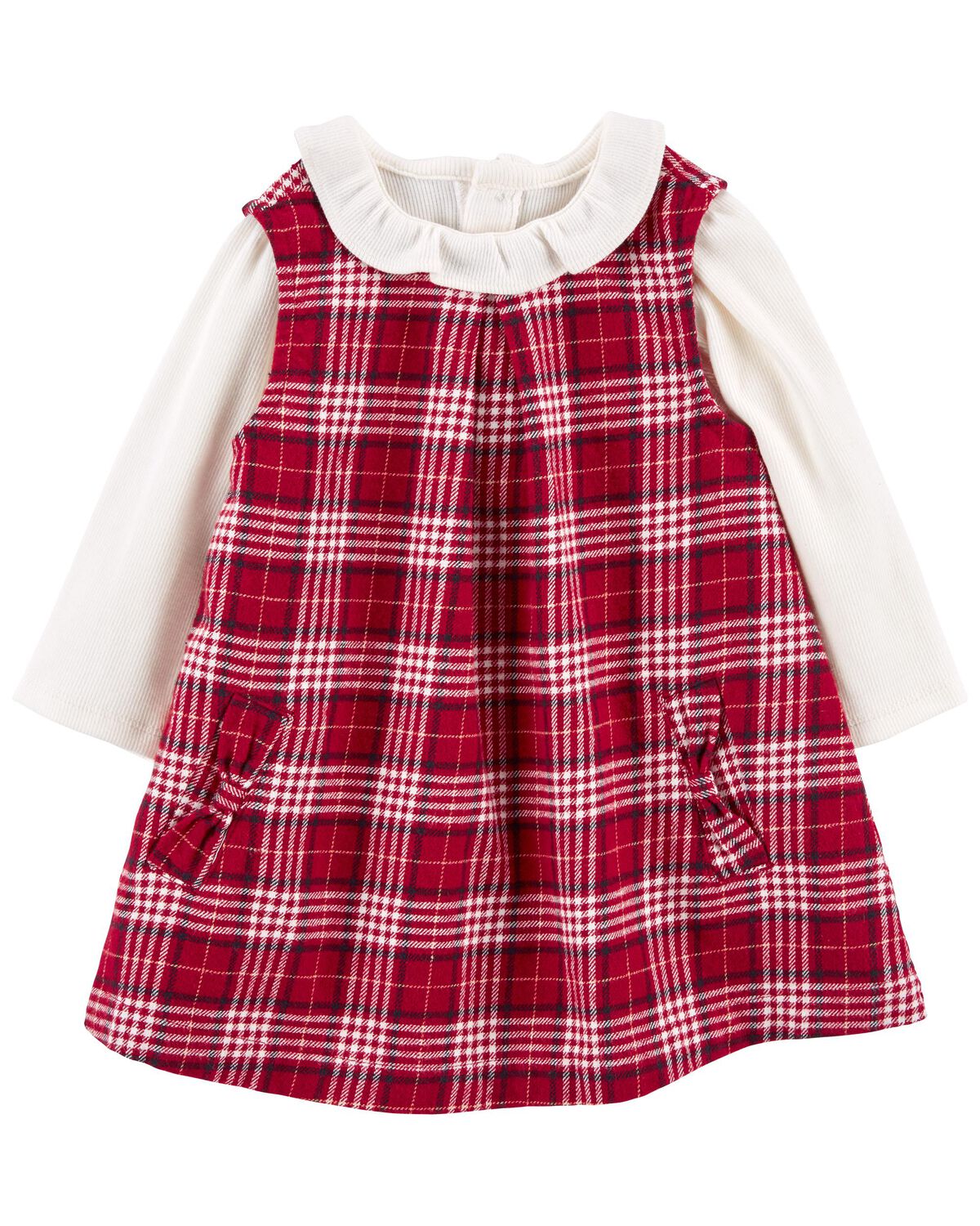 Red/White Baby 2Piece Collared Bodysuit & Plaid Dress Set