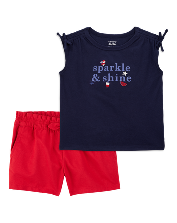 Toddler 2-Piece Sparkle & Shine 4th Of July Tee & Twill Bow Shorts Set - Navy/Red, 