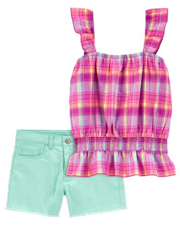 Kid 2-Piece Plaid Ruffle Tank & Raw Hem Denim Shorts Set
, 