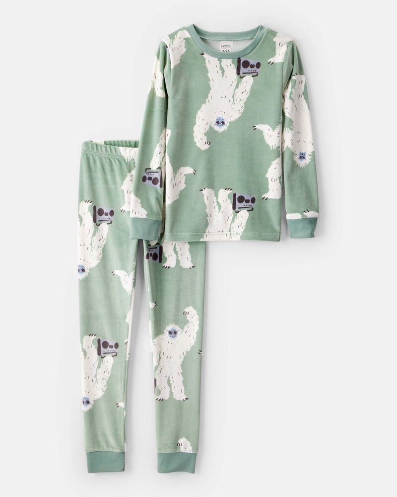 Boys Yeti Print Velour Long-Sleeve Loose Fit 2-Piece Pajamas - Green, image 1 of 3 slides