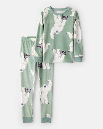 Boys Yeti Print Velour Long-Sleeve Loose Fit 2-Piece Pajamas - Green, 