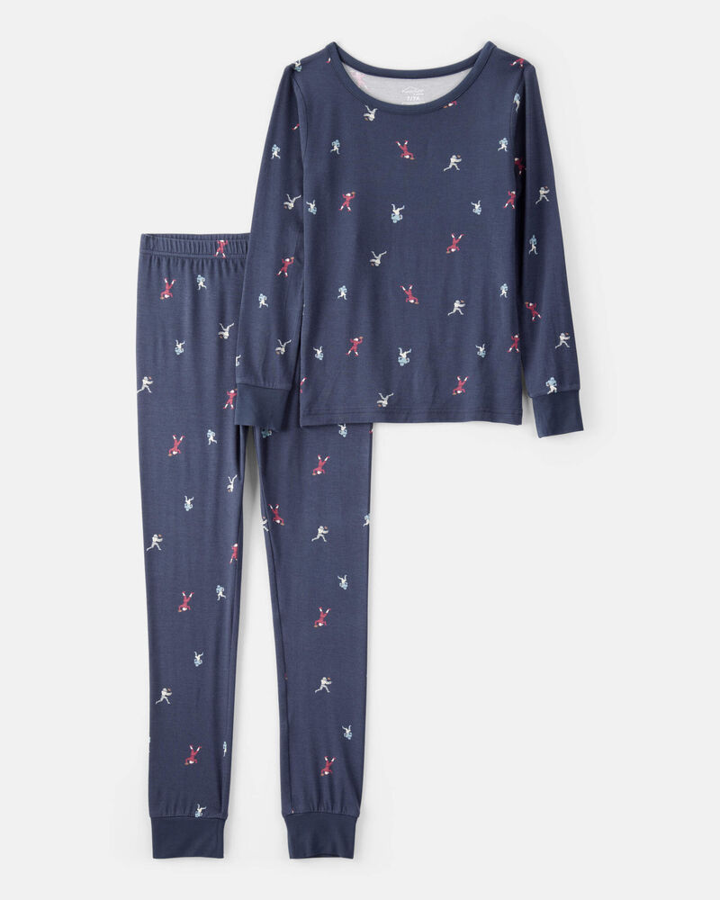 Boys Football Print PurelySoft Long-Sleeve 2-Piece Pajamas - Navy Blue, image 1 of 5 slides