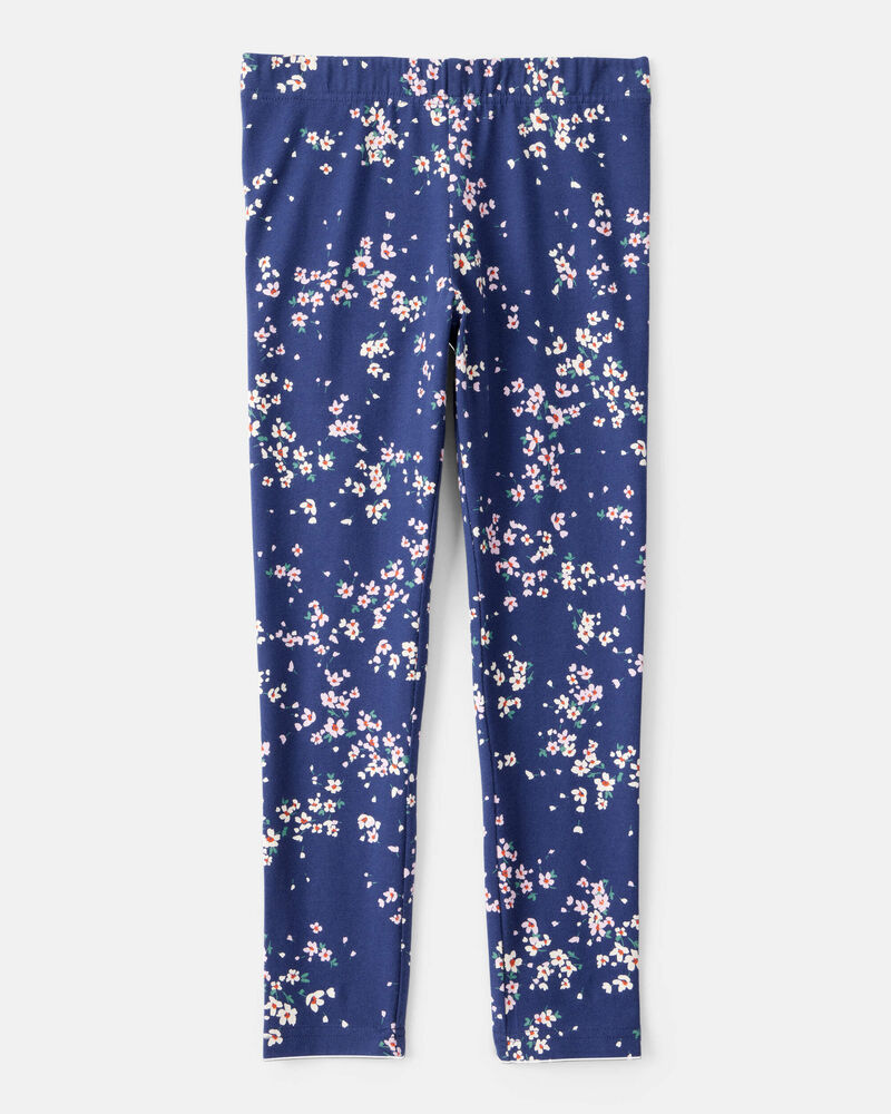 Girls Floral Cotton Pull-On Stretch Leggings - Navy, image 2 of 4 slides