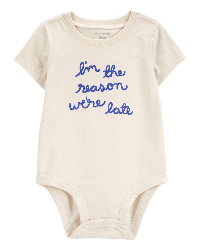 Baby "Reason We're Late" Short-Sleeve Bodysuit - Ivory, image 1 of 3 slides