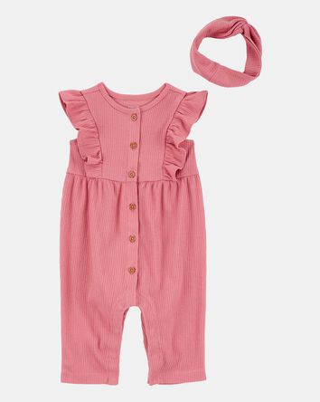 Baby Girl 2-Piece Solid Flutter-Sleeve Relaxed Fit Jumpsuit & Headwrap Outfit Set - Pink
, 
