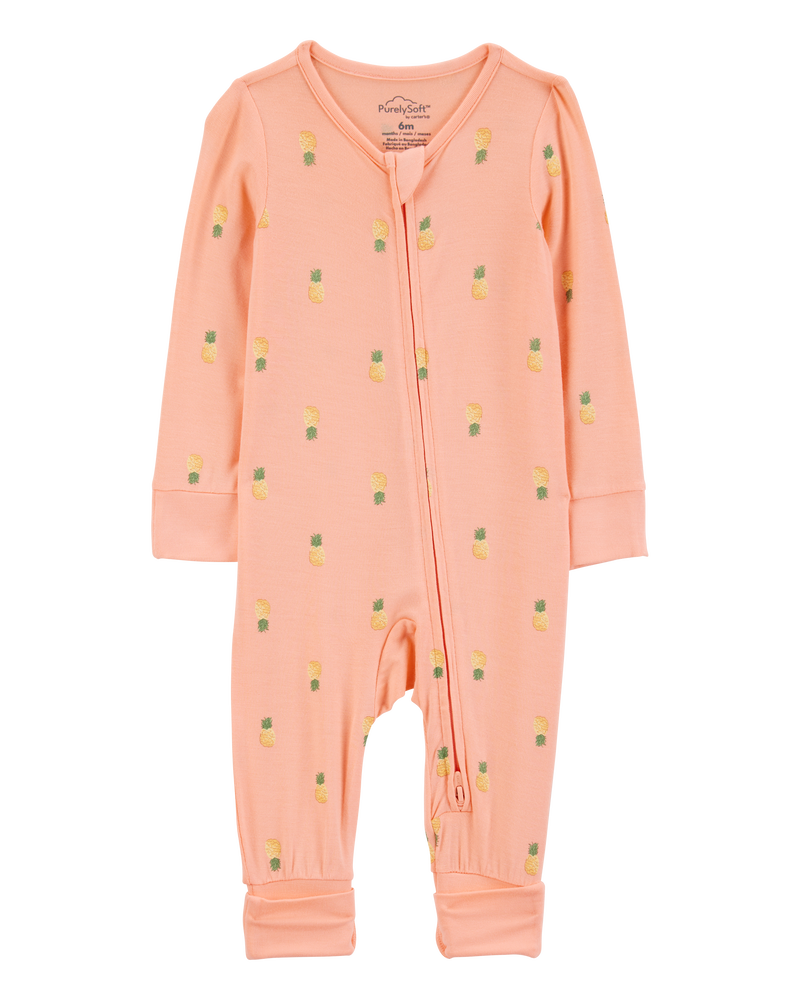 Baby Girl Pineapple Print 2-Way Zip PurelySoft Convertible Foot Sleep & Play Pajamas - Coral, image 1 of 7 slides