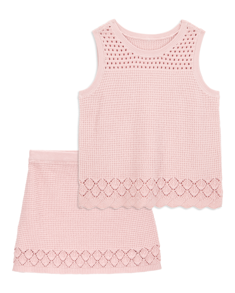 Kid 2-Piece Pointelle Sweater Crochet Knit Tank & Skirt Set - Pink
, image 1 of 6 slides