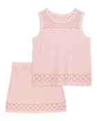Kid 2-Piece Pointelle Sweater Crochet Knit Tank & Skirt Set - Pink
, image 1 of 6 slides