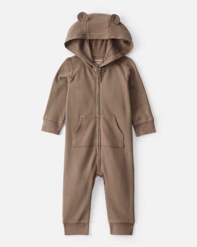 Baby Boy Bear Long-Sleeve Jumpsuit - Brown, image 1 of 3 slides