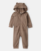 Baby Boy Bear Long-Sleeve Jumpsuit - Brown, image 1 of 3 slides