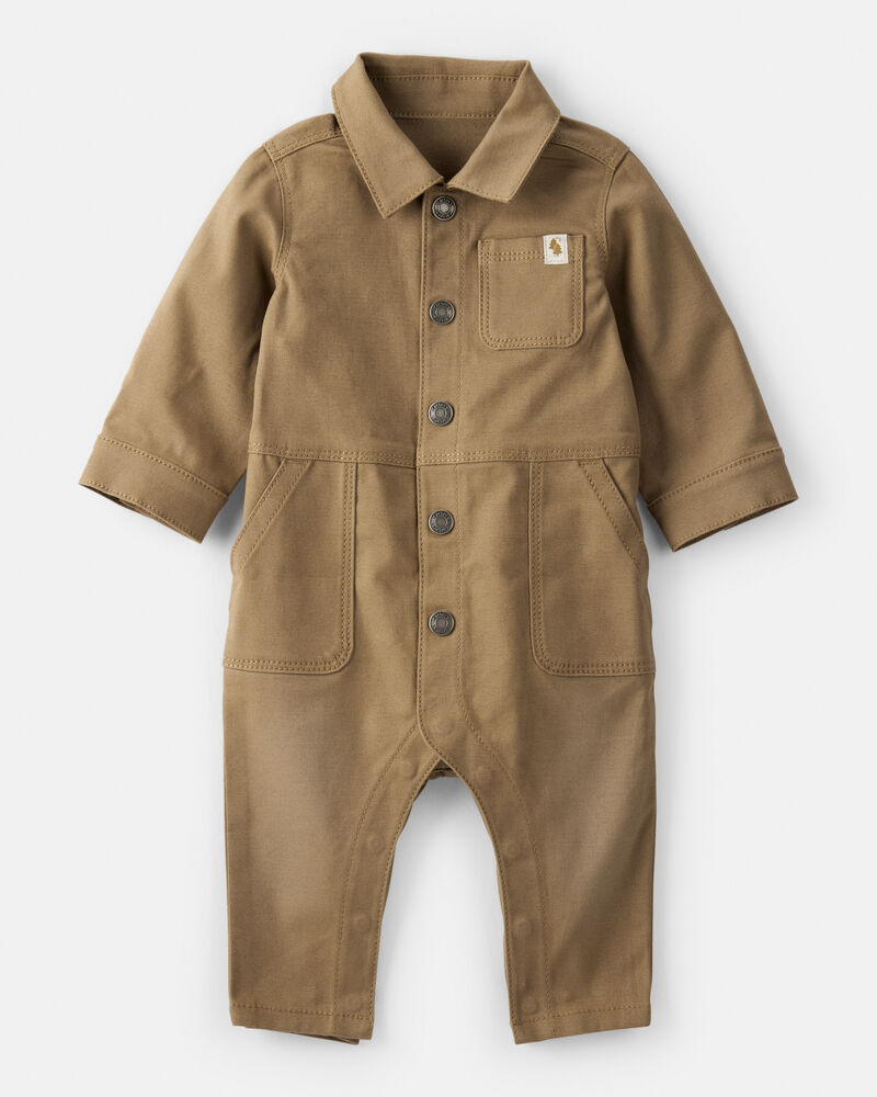 Baby Boy Canvas Long-Sleeve Jumpsuit - Brown, image 1 of 5 slides