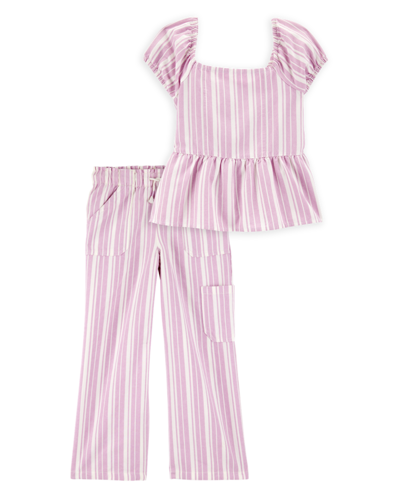 Kid 2-Piece Striped Peplum Top & Drawstring Pants Set - Pink/White, image 1 of 7 slides