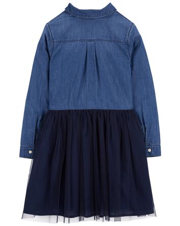 Kid Mixed Fabric Chambray and Tulle Dress
, 