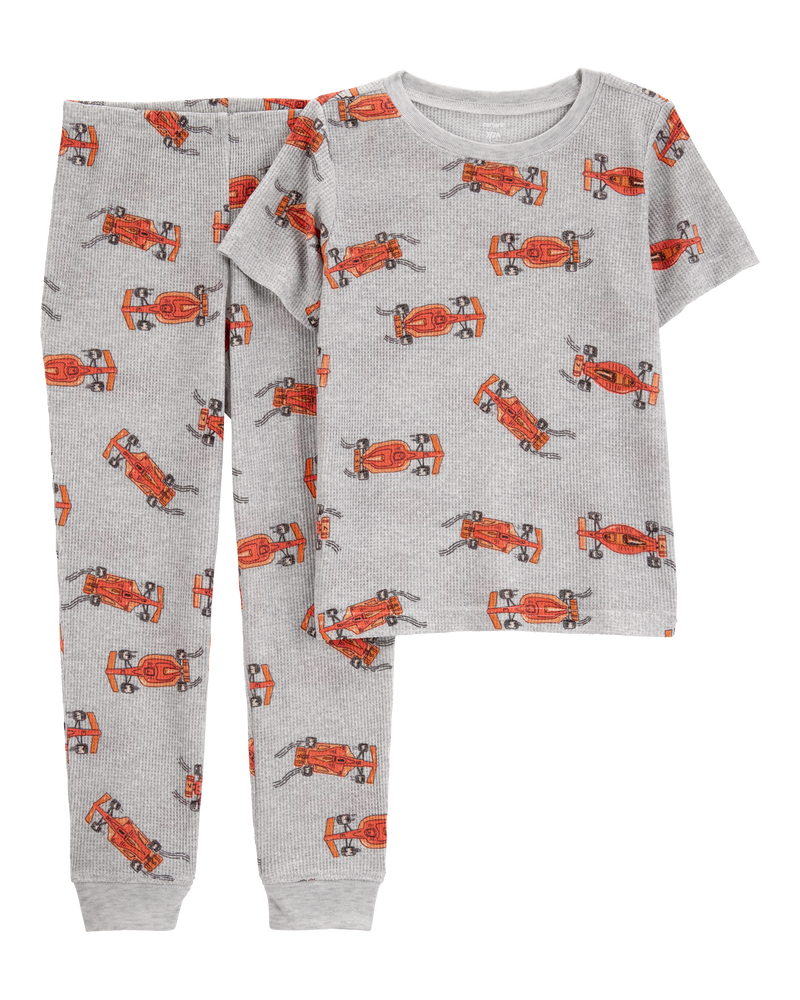 Boys Race Car Print Loose Fit Waffle Knit 2-Piece Pajamas - Grey, image 1 of 3 slides