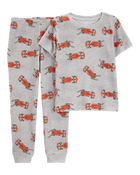 Boys Race Car Print Loose Fit Waffle Knit 2-Piece Pajamas - Grey, image 1 of 3 slides