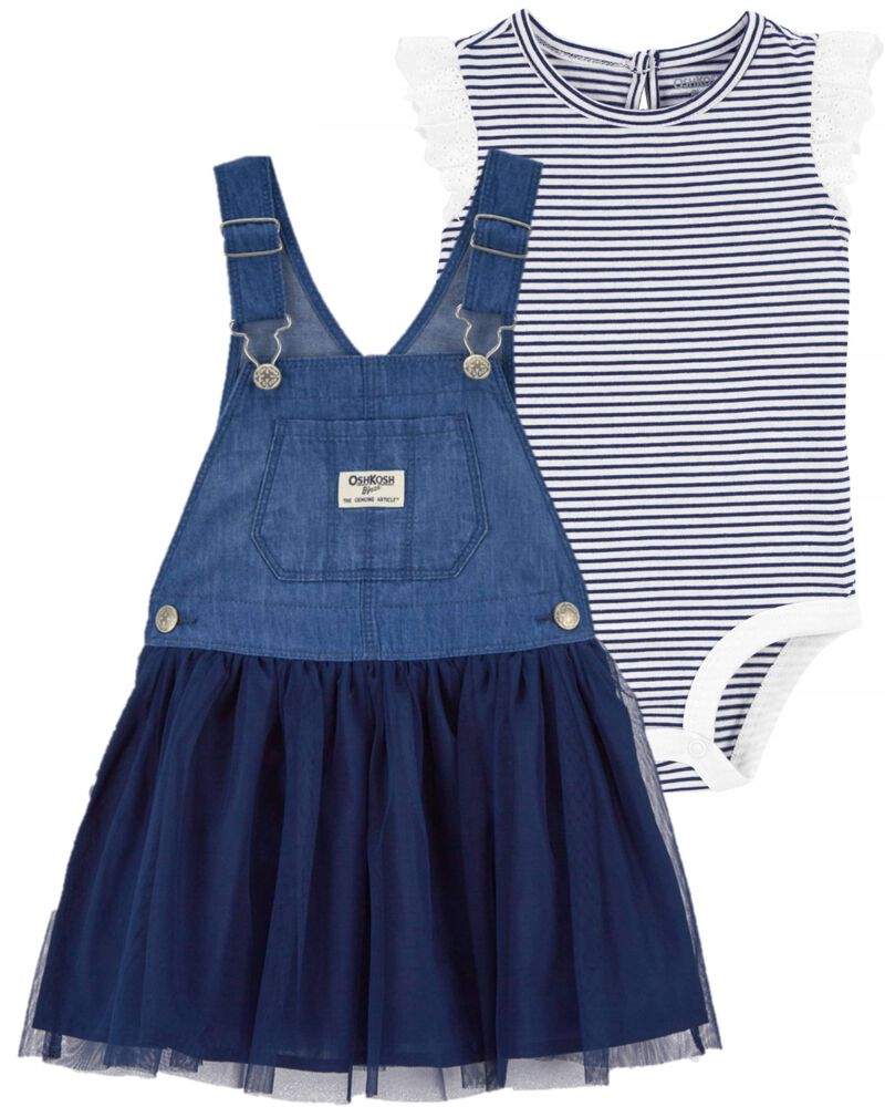 Baby 2-Piece Striped Eyelet Ruffle Bodysuit & Denim Jumper Dress Set, image 1 of 5 slides