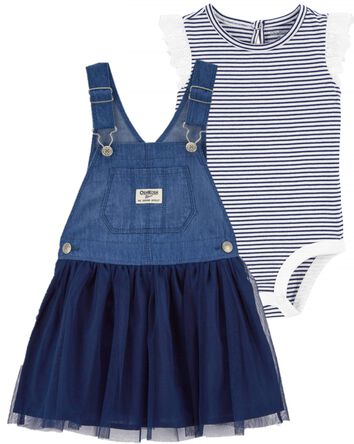Baby 2-Piece Striped Eyelet Ruffle Bodysuit & Denim Jumper Dress Set, 