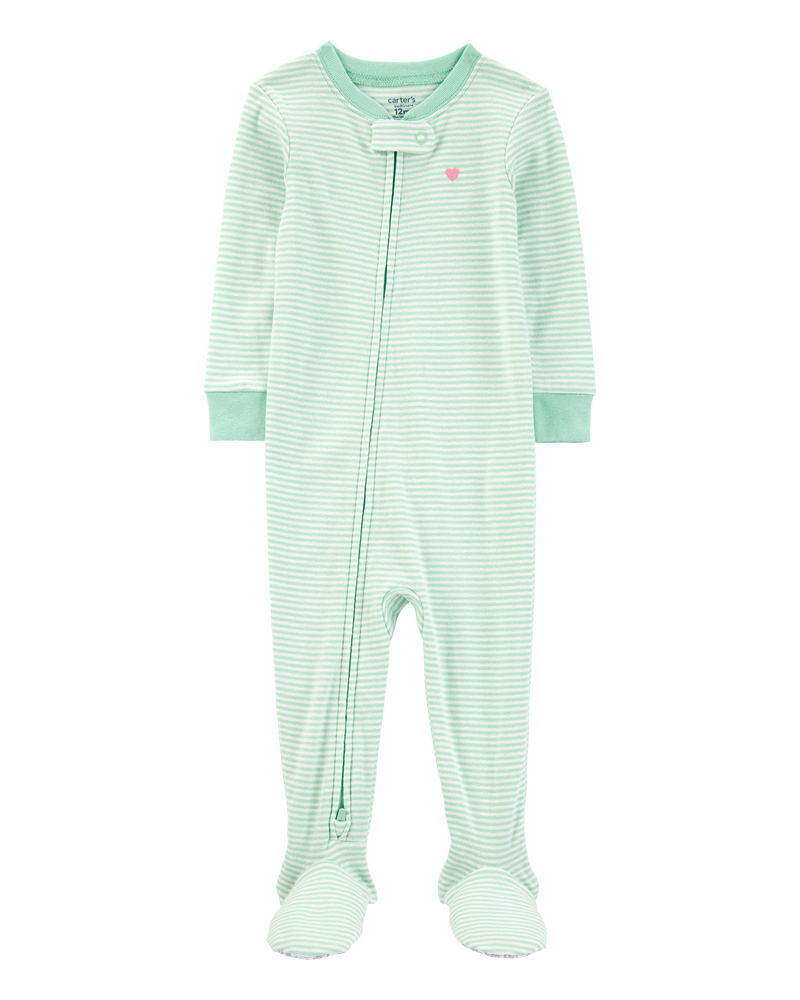 Baby Girl Striped Snug Fit Cotton Footie 1-Piece Pajamas - Green, image 1 of 4 slides