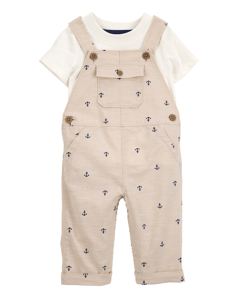 Baby 2-Piece Anchor Tee & Overall Set - Tan/Ivory, image 1 of 6 slides
