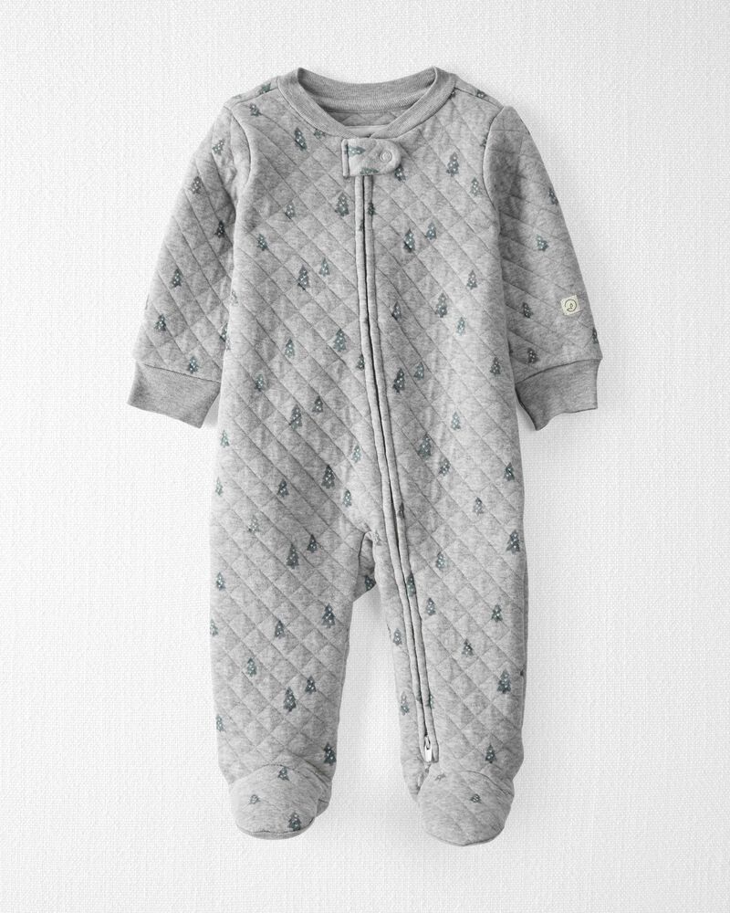Baby Quilted Double Knit Sleep & Play Pajamas Made with Organic Cotton in Evergreen Trees, image 1 of 4 slides