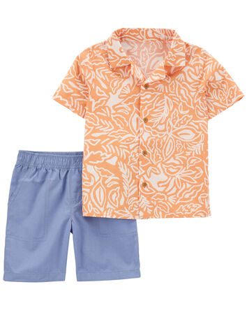 Baby 2-Piece Palm Linen Button-Front Shirt & Short Set, 