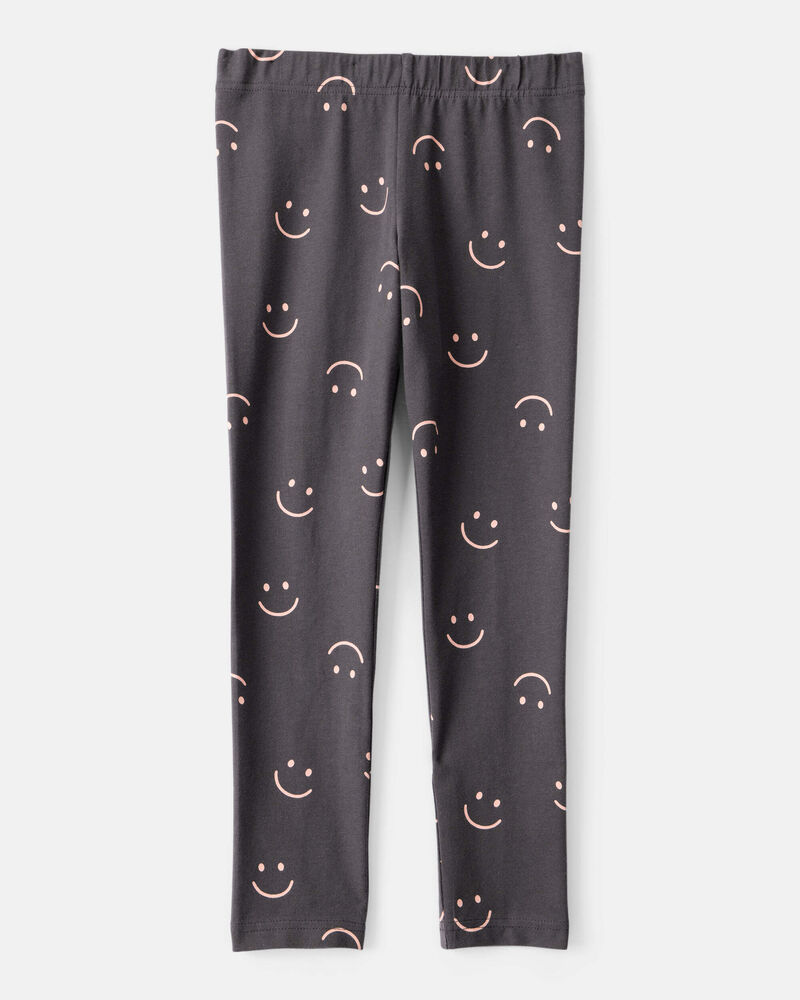 Girls Smiley Face Print Cotton Pull-On Stretch Leggings - Black, image 2 of 4 slides