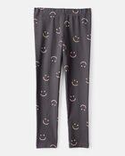 Girls Smiley Face Print Cotton Pull-On Stretch Leggings - Black, image 2 of 4 slides
