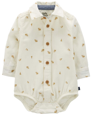 Bear Print Button-Front Bodysuit, 