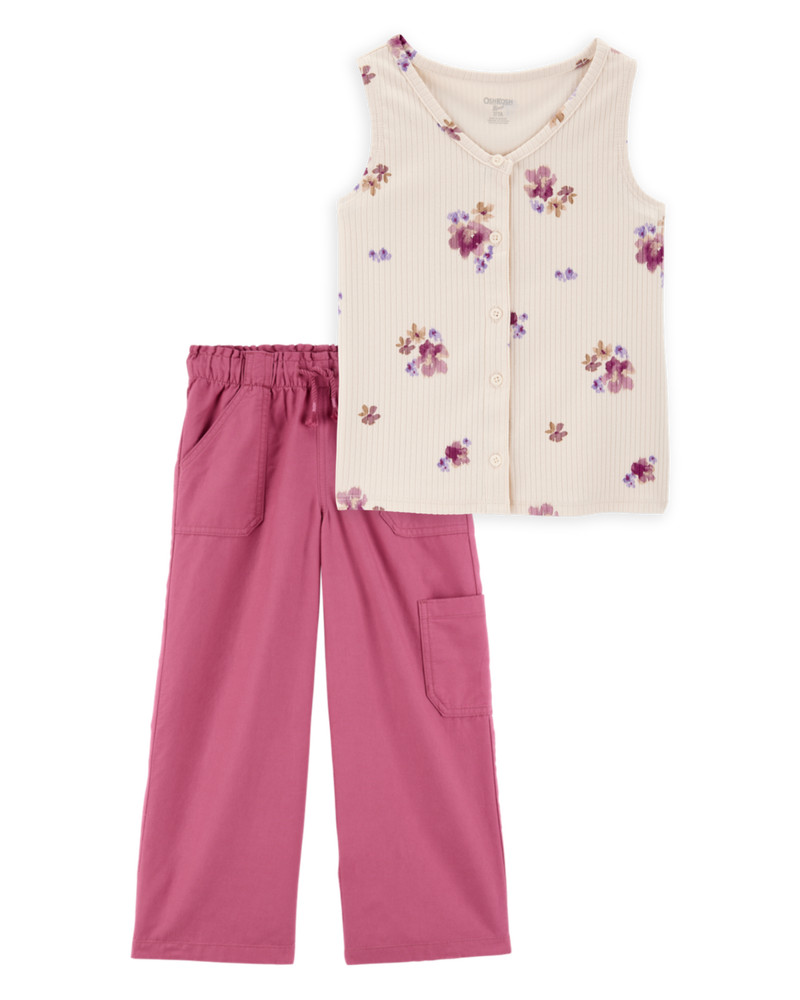 Kid 2-Piece Floral Button-Down Ribbed Tank Top & Drawstring Pants Set - Pink/Ivory, image 1 of 7 slides