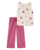 Kid 2-Piece Floral Button-Down Ribbed Tank Top & Drawstring Pants Set - Pink/Ivory, image 1 of 7 slides
