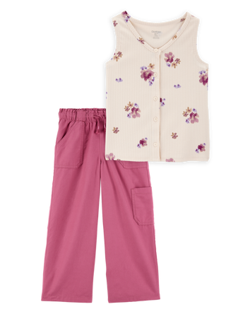 Kid 2-Piece Floral Button-Down Ribbed Tank Top & Drawstring Pants Set - Pink/Ivory, 