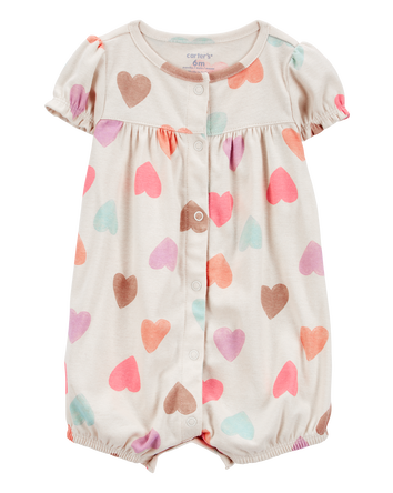 Baby Girl Heart Print Ribbed Short-Sleeve Romper - Tan, 