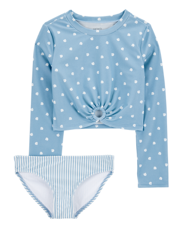 Girls 2-Piece Shell Striped Long-Sleeve Rashguard Swim Set - Blue, 