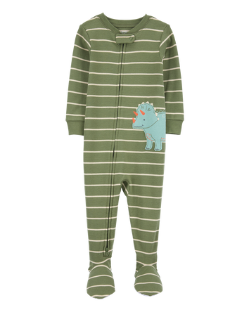 Toddler Boy Dinosaur Striped Snug Fit Cotton Footie 1-Piece Pajamas - Green, 
