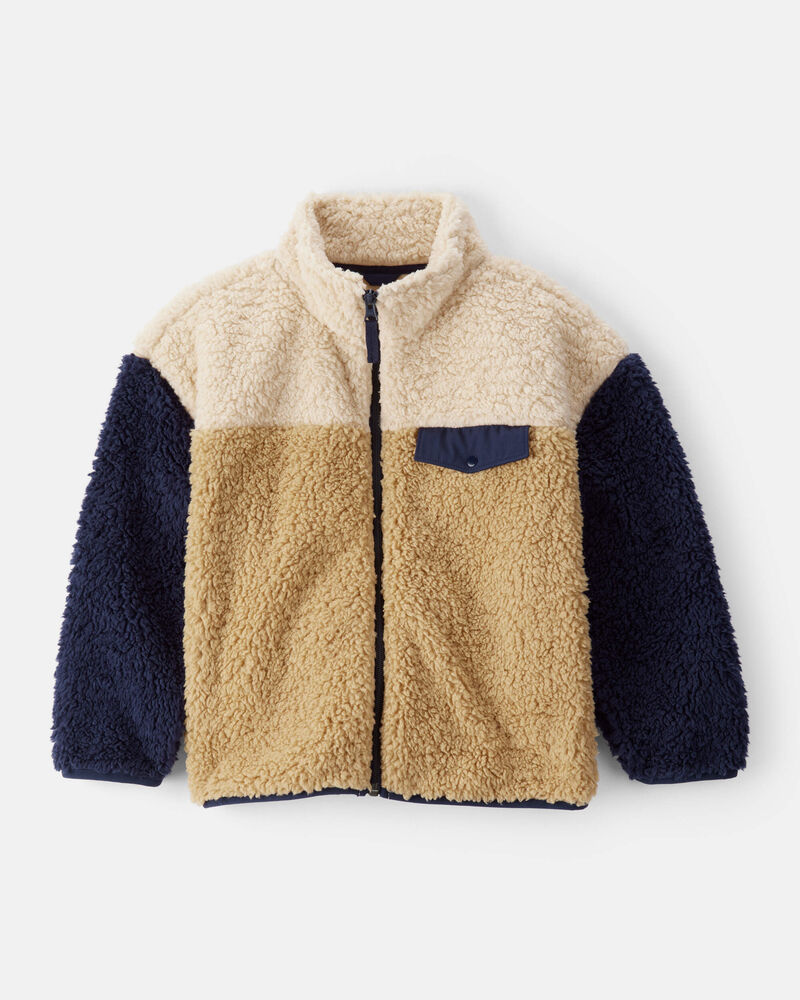 Boys Sherpa Long-Sleeve Zip-Up Jacket - Cream/Navy, image 1 of 4 slides