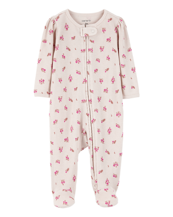 Baby Floral 2-Way Zip Waffle Knit Sleep & Play Pajamas - Khaki, 