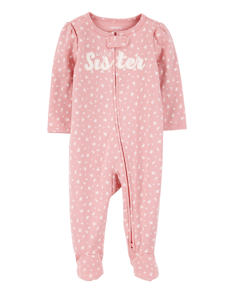 Baby Girl Little Sister 2-Way Zip Cotton Sleep & Play Pajamas - Pink, image 1 of 3 slides