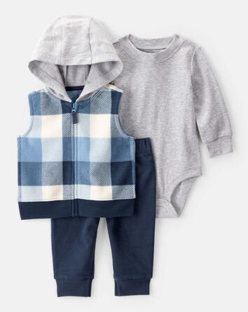 Baby 3-Piece Plaid Little Vest Set - Navy/Grey, 