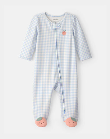 Baby Girl Peach Gingham 2-Way Zip 100% Cotton Sleep & Play Pajama - Blue, 