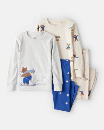 Baby Boy Woodland Print Cotton Long-Sleeve Snug Fit 4-Piece Pajamas - White/Blue, 
